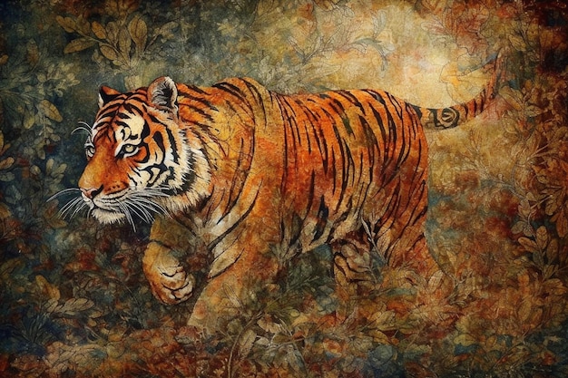 Een schilderij van een tijger met een patroon van strepen op zijn lichaam.