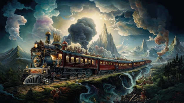 Een schilderij van een trein die door een waterval gaat.