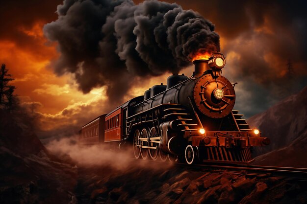 Een schilderij van een trein op een treinspoor De stoomlocomotief rijdt bij zonsondergang in de rode zonnestralen langs de spoorrails Rookwolken uit de schoorsteen van een retro trein