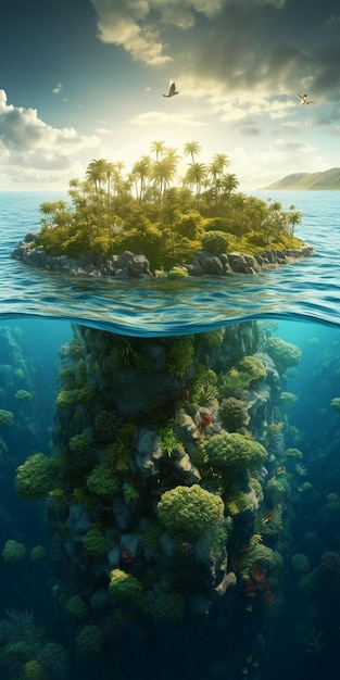 Een schilderij van een tropisch eiland met een boom erop.