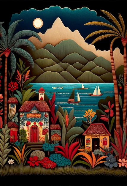 Een schilderij van een tropisch landschap met een klein gebouw en een zeilboot op het water.