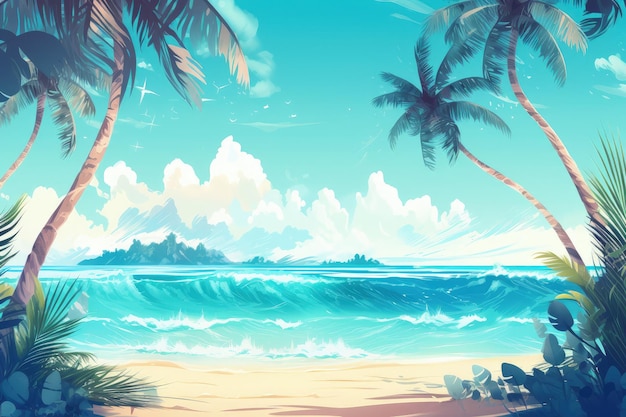 Een schilderij van een tropisch strand met generatieve AI van palmbomen