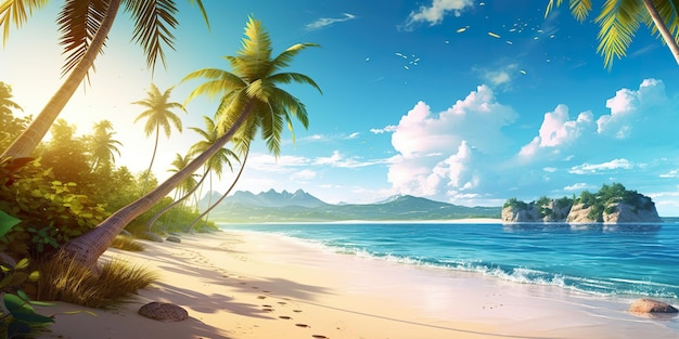 Een schilderij van een tropisch strand met palmbomen Generatief AI-beeld