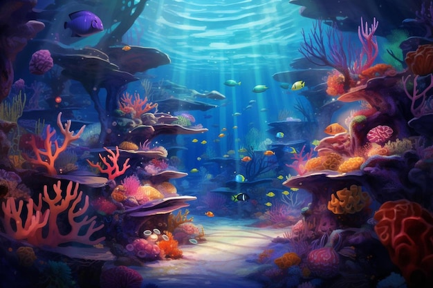 Een schilderij van een tropische onderwaterwereld met vissen en koralen.