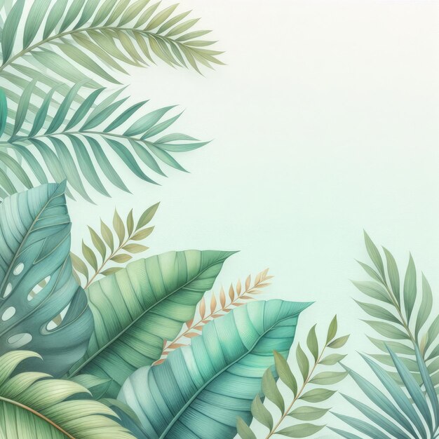 een schilderij van een tropische plant met groene bladeren en een blauwe knop