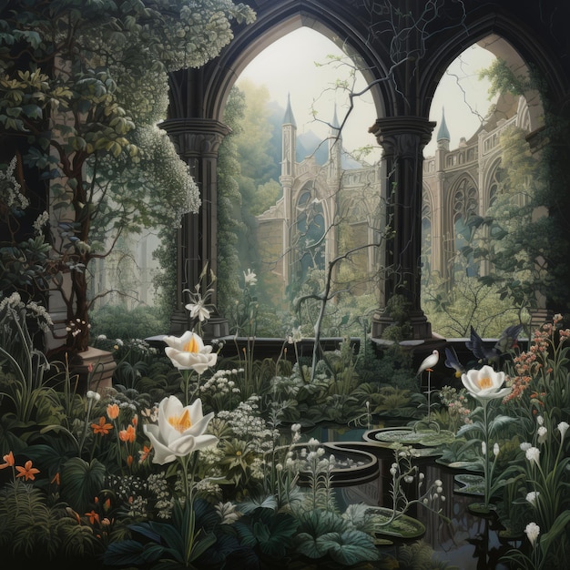 een schilderij van een tuin met bloemen en bomen