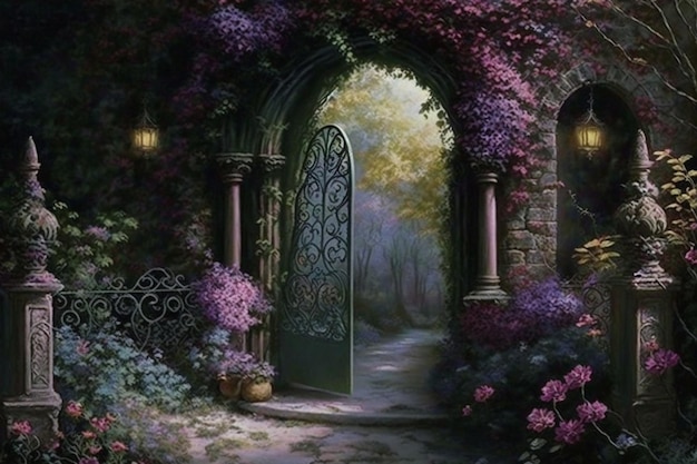 Een schilderij van een tuinpoort met bloemen en een groene deur.