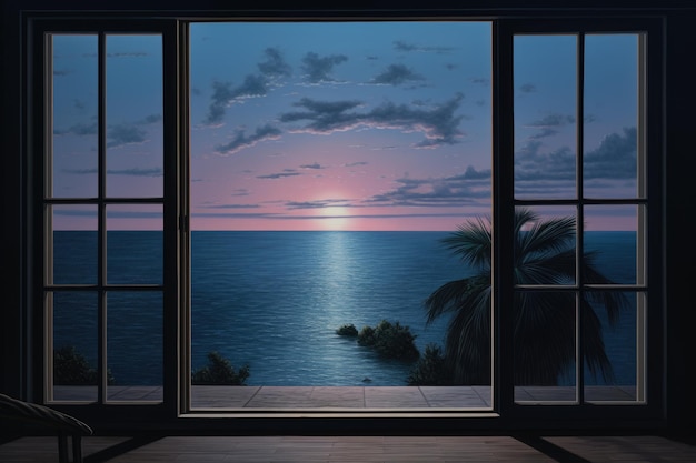 Een schilderij van een uitzicht op de oceaan vanuit een raam