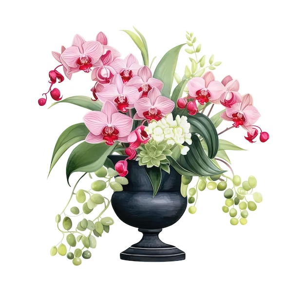 een schilderij van een vaas gevuld met roze en witte bloemen