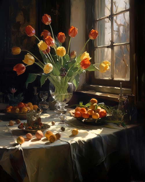 Een schilderij van een vaas met bloemen en een raam waar de zon doorheen schijnt.