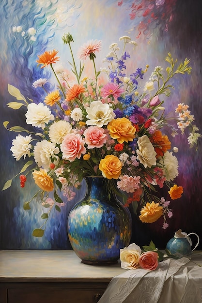 Een schilderij van een vaas met bloemen in aquarel stijl