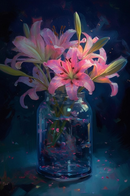 Een schilderij van een vaas met bloemen met daarin een roze lelie.