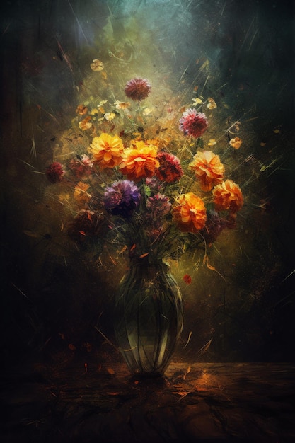 Een schilderij van een vaas met bloemen waar licht op schijnt.