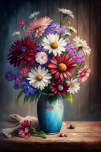 Een schilderij van een vaas met bloemen
