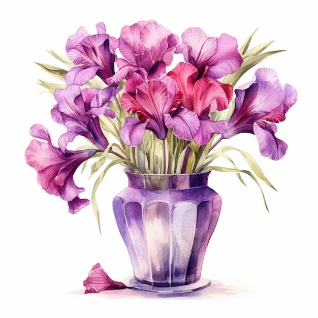 Een schilderij van een vaas met paarse en roze bloemen met het woord iris erop.