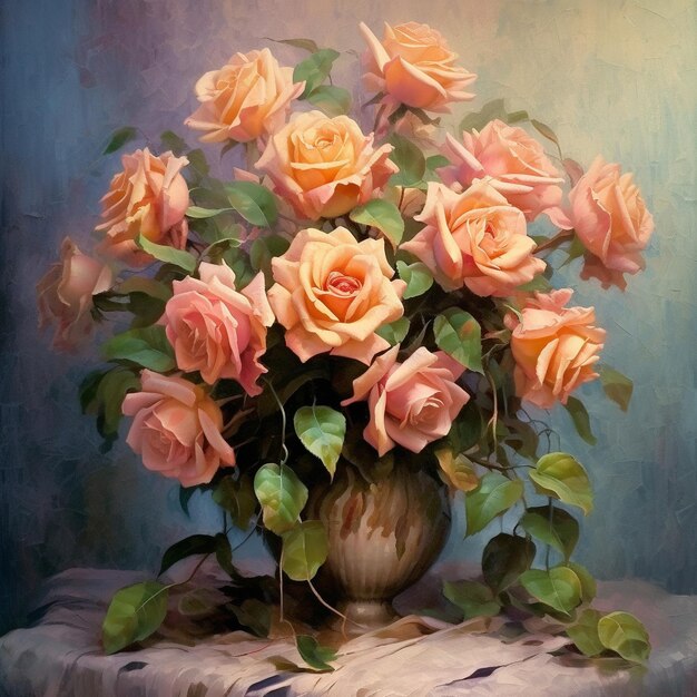 een schilderij van een vaas met roze rozen erop