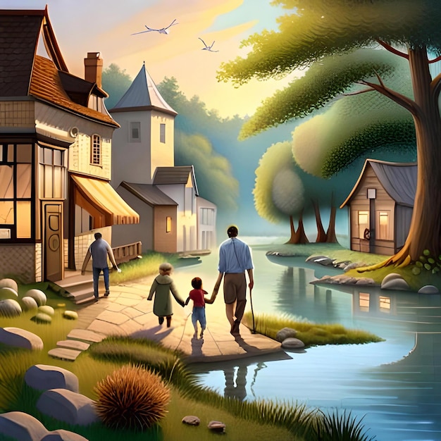 Een schilderij van een vader en kinderen die handen vasthouden en langs een rivier lopen.