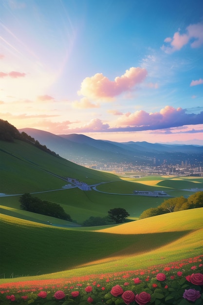 Een schilderij van een vallei met een zonsondergang op de achtergrond.