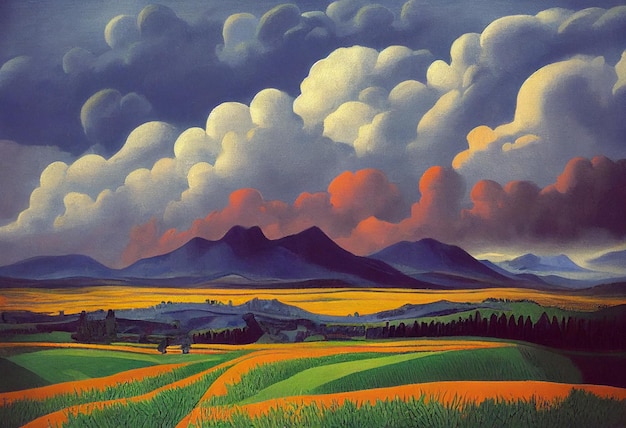 Een schilderij van een veld met bergen op de achtergrond