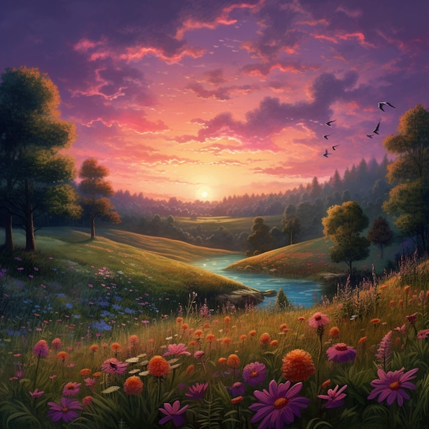 Een schilderij van een veld met bloemen en een rivier op de achtergrond.