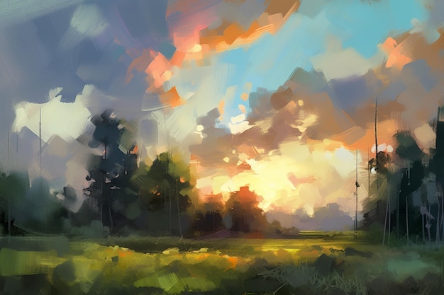 Een schilderij van een veld met bomen en wolken