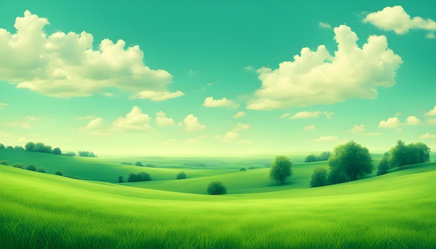 een schilderij van een veld met een groen veld en de lucht met wolken