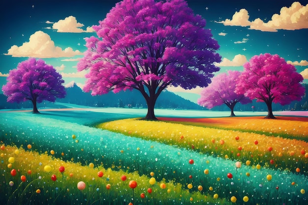 Een schilderij van een veld met kleurrijke bomen en een lucht met wolken