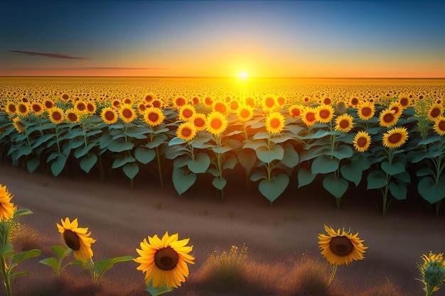 Een schilderij van een veld met zonnebloemen met daarachter de ondergaande zon.