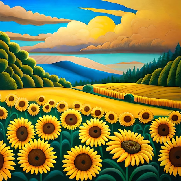 Een schilderij van een veld met zonnebloemen met een blauwe lucht op de achtergrond.
