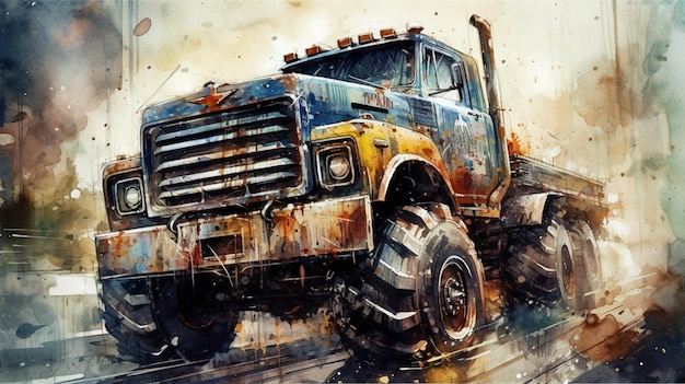 Een schilderij van een verroeste mack-truck