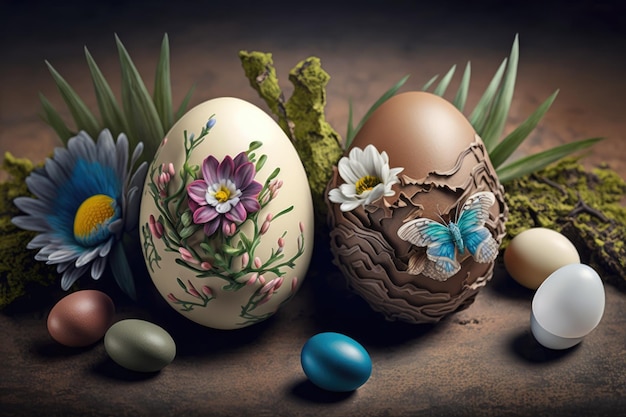 Een schilderij van een versierd ei met een vlinder erop.