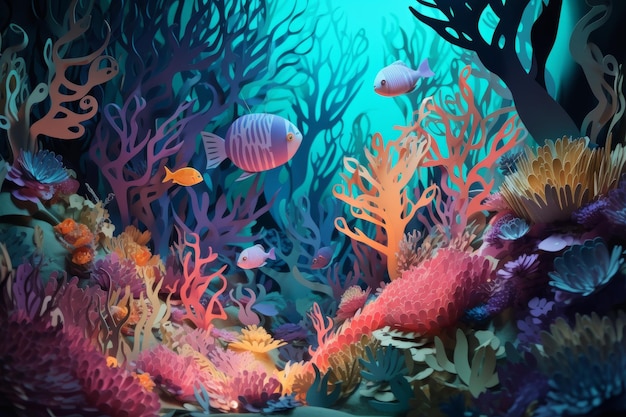 Een schilderij van een vis en koralen