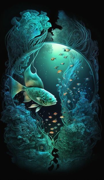 Een schilderij van een vis met een blauwe achtergrond en een koraalrif op de achtergrond.