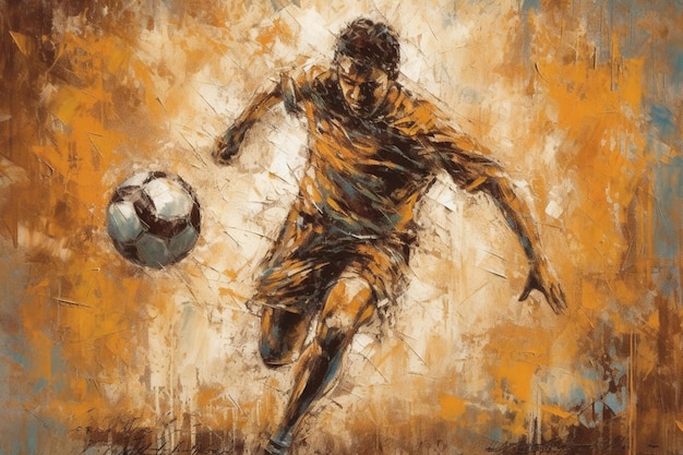 Een schilderij van een voetballer die een bal trapt.