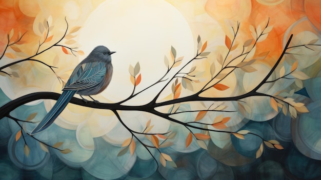 Een schilderij van een vogel die bovenop de boomtak zit