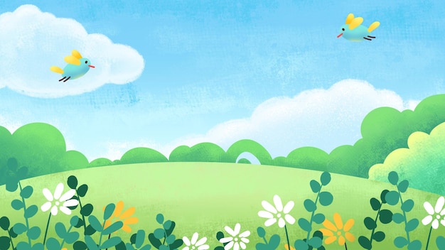 een schilderij van een vogel die over een grasveld vliegt