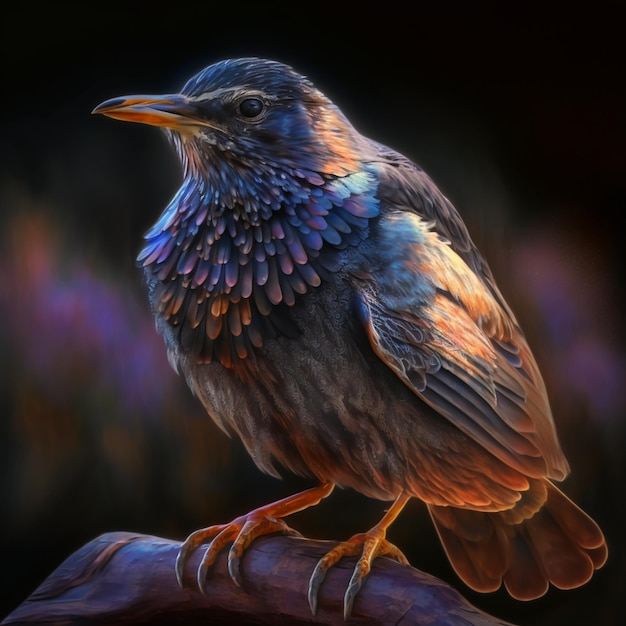 Een schilderij van een vogel met blauwe veren en een paarse achtergrond.