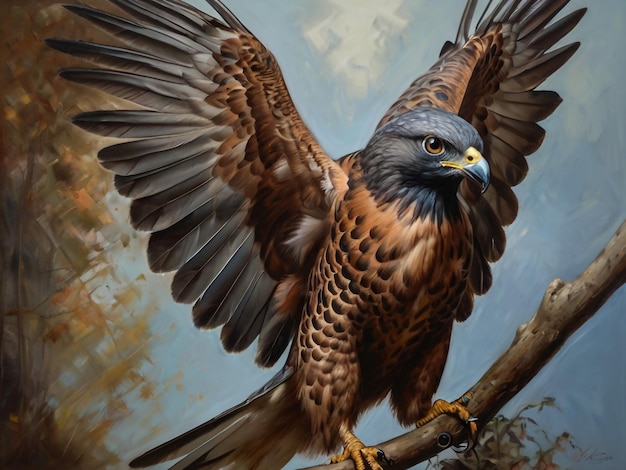 een schilderij van een vogel met een gele snavel en staartveren