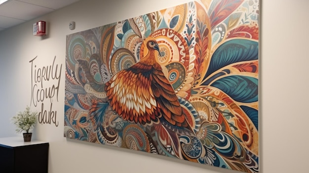 Een schilderij van een vogel met een kleurrijke achtergrond.