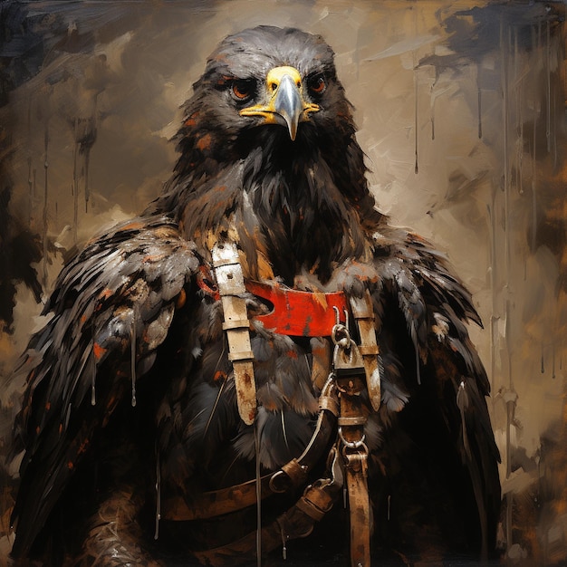 een schilderij van een vogel met een rode doek op zijn borst.