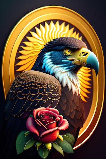 Een schilderij van een vogel met een roos erop
