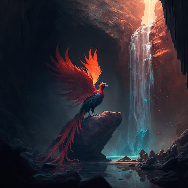 Een schilderij van een vogel met een waterval op de achtergrond