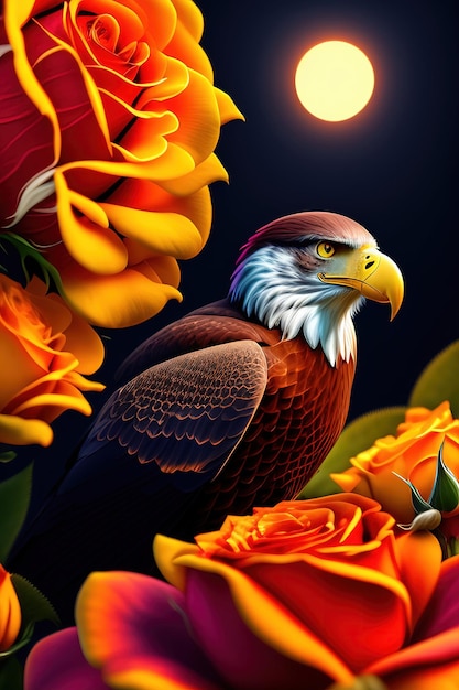 Een schilderij van een vogel met gele rozen en de maan op de achtergrond.