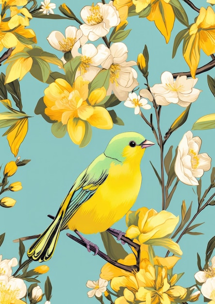 een schilderij van een vogel met gele veren en bloemen