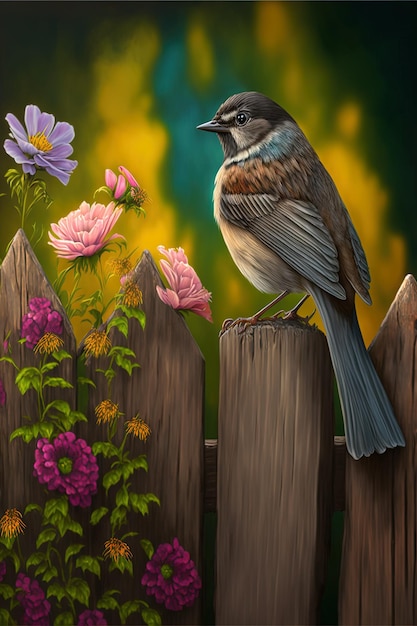 een schilderij van een vogel op een hek met paarse bloemen