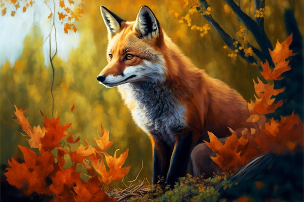 Een schilderij van een vos in het herfstbos