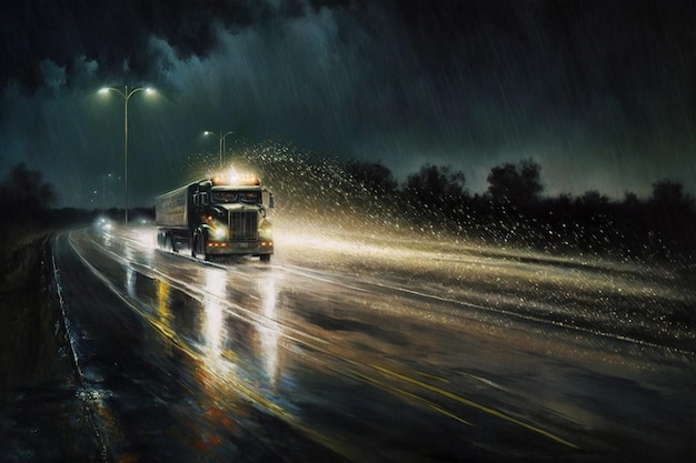 Een schilderij van een vrachtwagen die over een snelweg rijdt