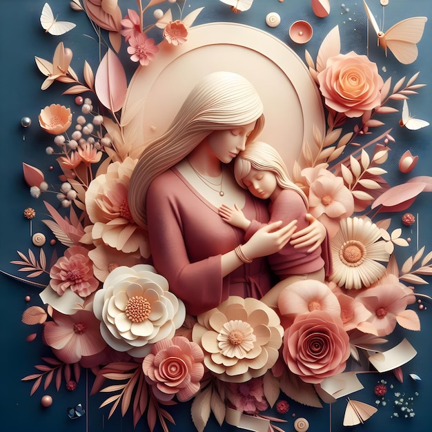 een schilderij van een vrouw die een baby vasthoudt voor bloemen