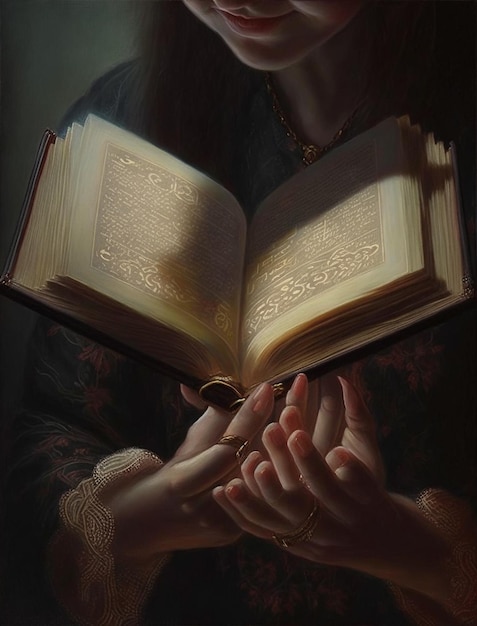 Een schilderij van een vrouw die een boek vasthoudt met de woorden "het woord" erop.