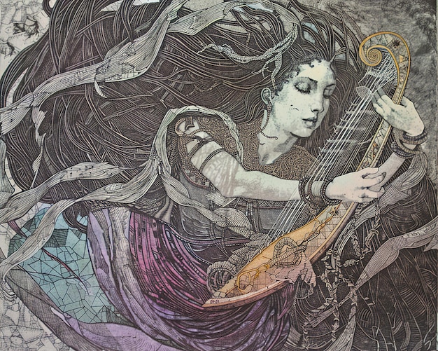 een schilderij van een vrouw die een harp speelt